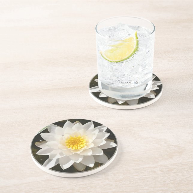 Dessous De Verre En Grès Lotus Nénuphar Blanc Flottant  (Côté)