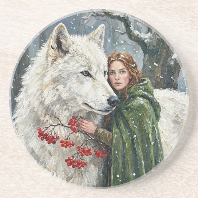 Dessous De Verre En Grès Loup Blanc Druide Roux Baies d'Hiver Fantastique A (Devant)