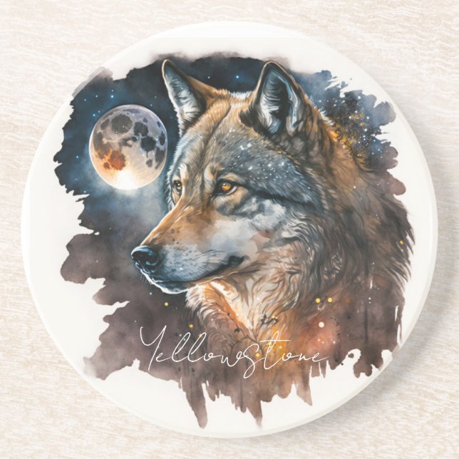 Dessous De Verre En Grès Loup de Dessous de verre de grès de Yellowstone (Devant)