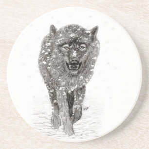 Dessous De Verre En Grès Loup noir en colère dans la neige, hiver sauvage