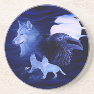 Dessous De Verre En Grès Loups et corbeau avec pleine lune