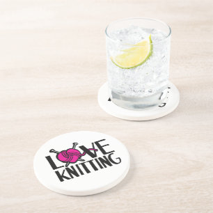 Dessous De Verre En Grès Love Tricot rose laine et aiguilles de tricot