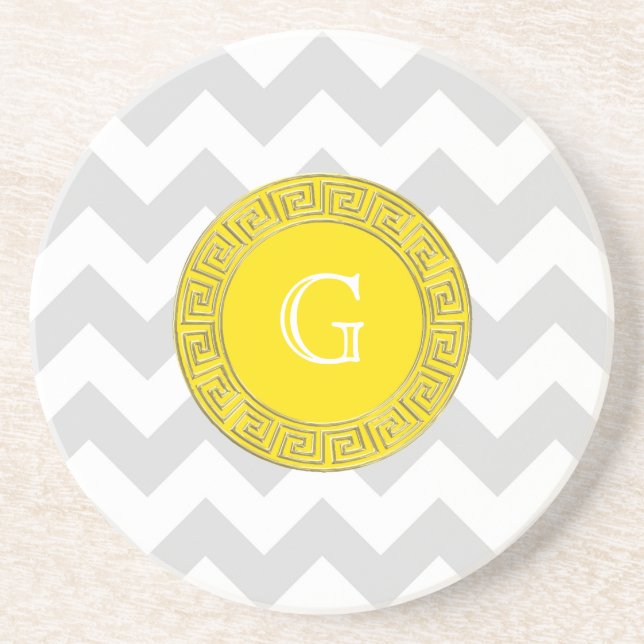 Dessous De Verre En Grès Lt Grey Blanc Chevron Jaune Clé grecque Monogramme (Devant)