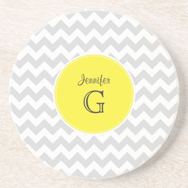 Dessous De Verre En Grès Lt Grey Blanc Chevron rond Nom jaune Monogramme B (Devant)