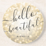 Dessous De Verre En Grès Lumières Mod Gold personnalisées "Bonjour belle"<br><div class="desc">Elégant et moderne design "Gold Sparkle Lights" avec "Hello Beautiful" script et nom personnalisé - conception de dessous de verre personnalisée.</div>