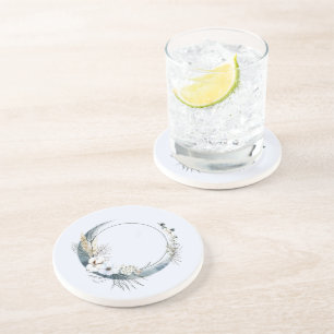 Dessous De Verre En Grès Lune de croissant bleu avec fleurs blanches