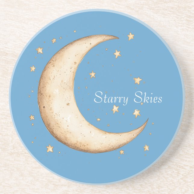 Dessous De Verre En Grès Lune Étoiles Cieux Or Aqua (Devant)