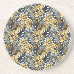 Dessous De Verre En Grès Luxe Elegant Or N' Black Tropical Flowers