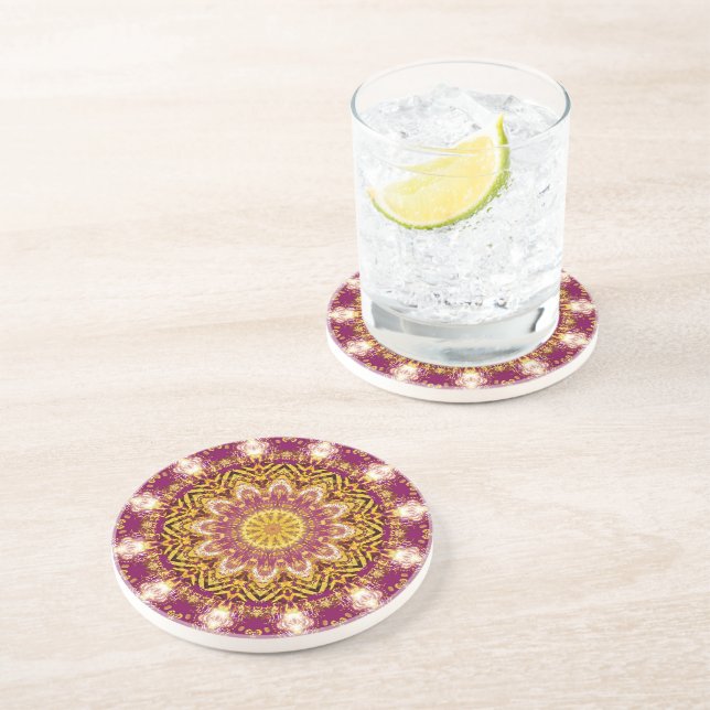 Dessous De Verre En Grès Magenta Gold Boho Rose Mandala (Côté)