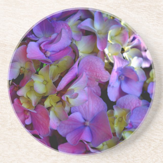 Dessous De Verre En Grès Magenta Purple bleu jaune Hydrangeas fleurs (Devant)