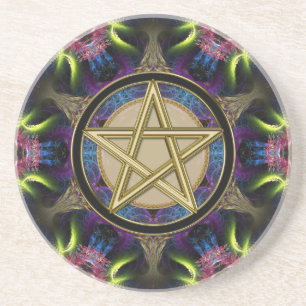 Dessous De Verre En Grès Magie de Pentacle Doré Fractales