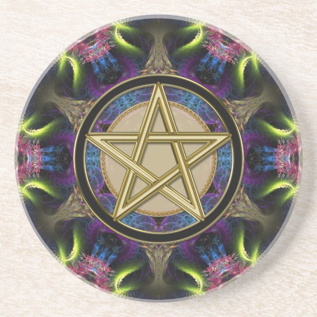 Dessous De Verre En Grès Magie de Pentacle Doré Fractales (Devant)
