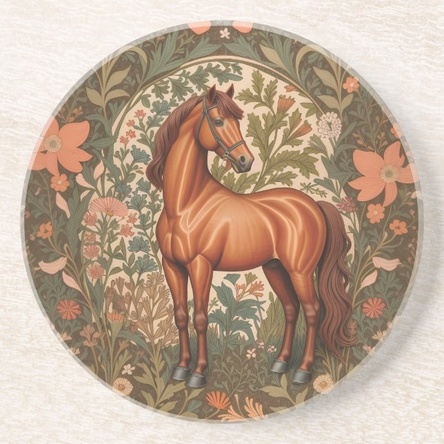 Dessous De Verre En Grès Magnifique Cheval Brun Inspiré de William Morris  (Devant)