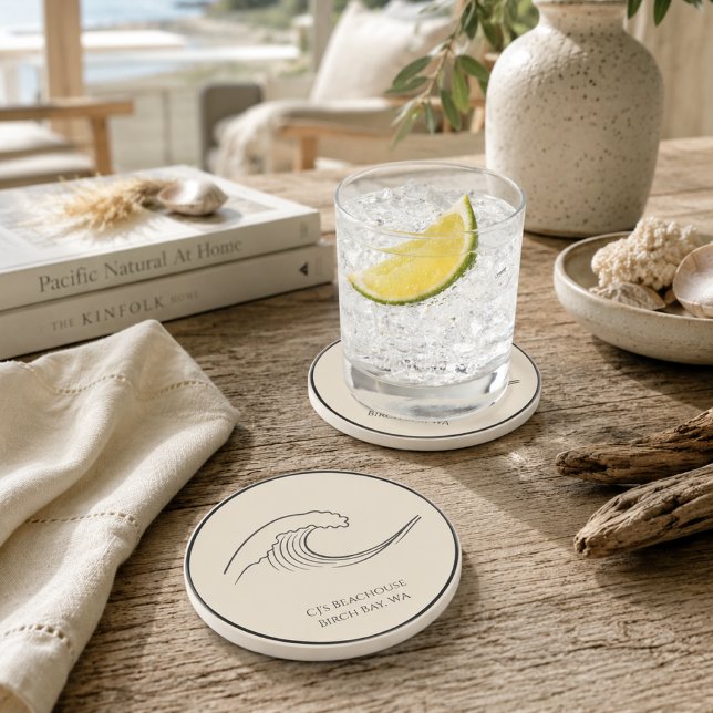 Dessous De Verre En Grès Maison de plage personnalisée avec vague côtière (Créateur téléchargé)