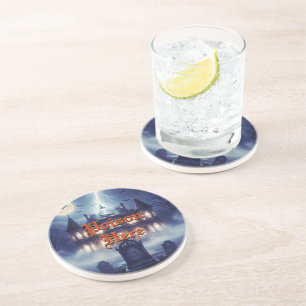 Dessous De Verre En Grès Maison Halloween avec Frankie, bleu foncé