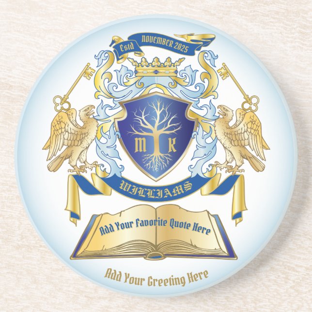Dessous De Verre En Grès Make Your Own Emblem Tree Book Key Crown Gold Blue (Devant)