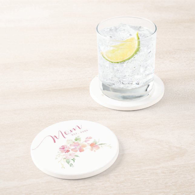 Dessous De Verre En Grès Maman Etablie Rose Push Aquarelle Florale (Côté)