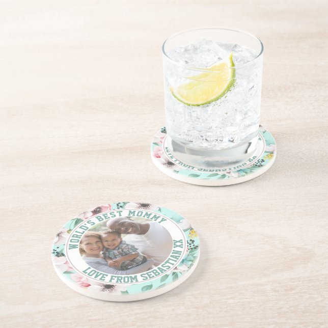 Dessous De Verre En Grès Maman Modèle photo personnalisé Motif de fleurs (Côté)