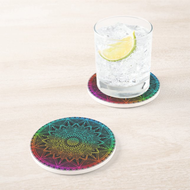 Dessous De Verre En Grès Mandala Arc-en-ciel noir (Côté)