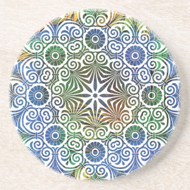 Dessous de verre en grès Mandala bleu et vert (Devant)