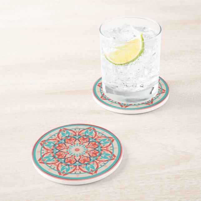 Dessous De Verre En Grès Mandala bohème orange et turquoise  (Côté)