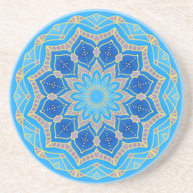 Dessous De Verre En Grès Mandala en bleu électrique et turquoise (Devant)