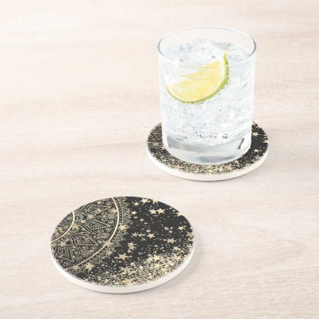 Dessous De Verre En Grès Mandala envoûtant avec des étoiles d'or sur Noir (Côté)