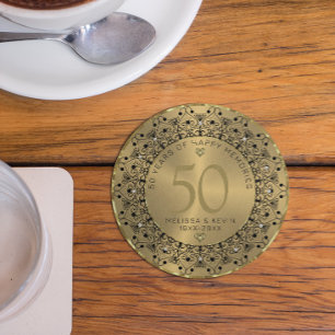 Dessous De Verre En Grès Mandala Noir sur Gold 50e anniversaire Mariage