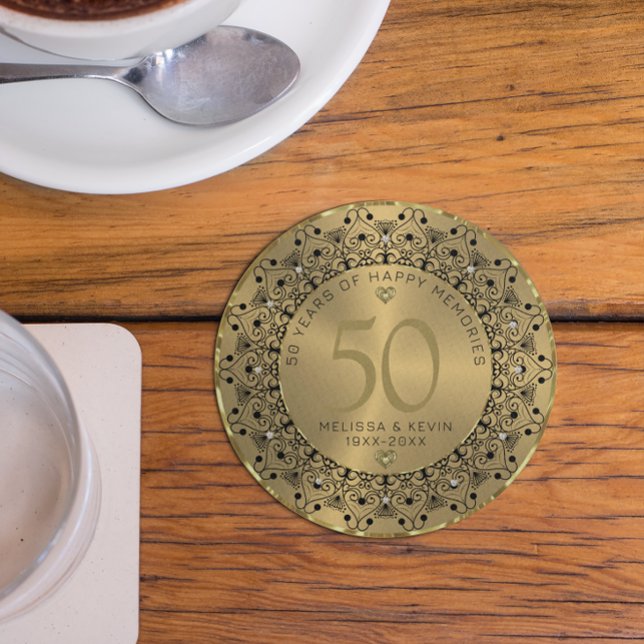 Dessous De Verre En Grès Mandala Noir sur Gold 50e anniversaire Mariage (Créateur téléchargé)