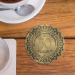 Dessous De Verre En Grès Mandala noir sur l'or 50ème anniversaire mariage<br><div class="desc">Cercle de mandala orné noir sur les tons or arrière - plan,  personnalisable mariage or Anniversaire. Célébration de 50 ans de bons souvenirs texte personnalisable.</div>