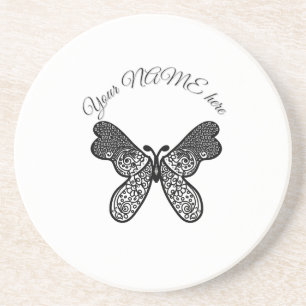 Dessous De Verre En Grès Mandala papillon boho complexe noir et blanc A