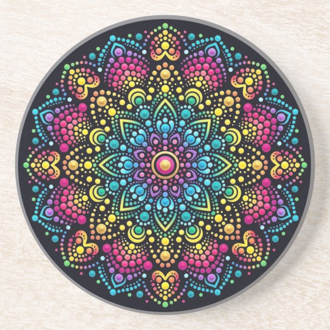 Dessous De Verre En Grès Mandala peint aux points arc-en-ciel (Devant)