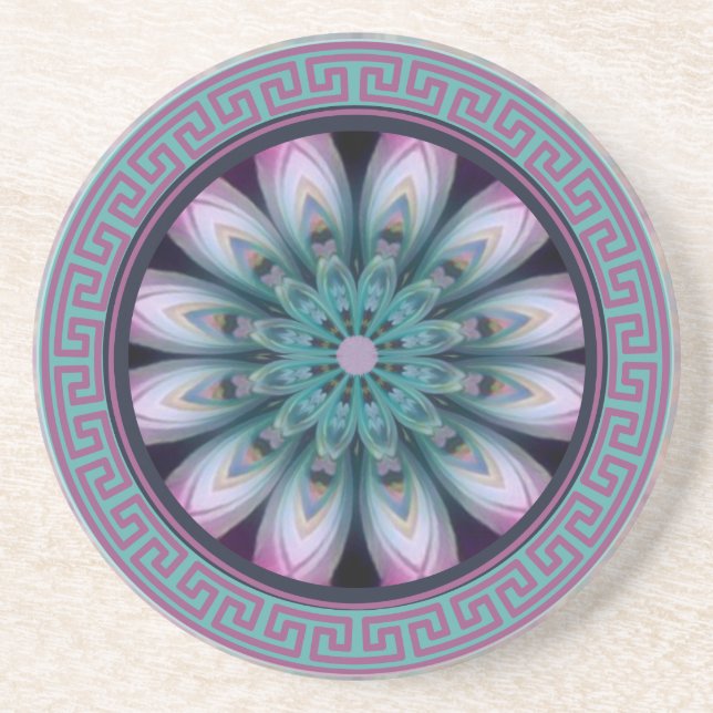 Dessous De Verre En Grès Mandala rose et Turquoise fleur (Devant)