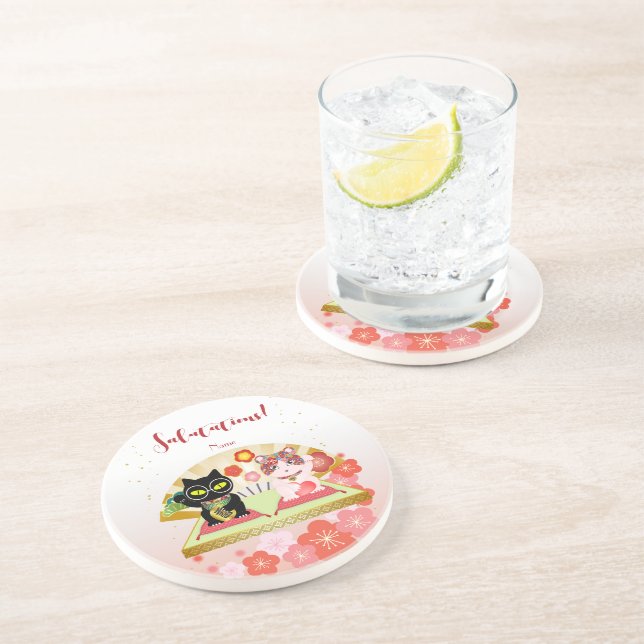 Dessous De Verre En Grès Maneki Neko Lucky Poiluna Boisson Sandstone (Côté)