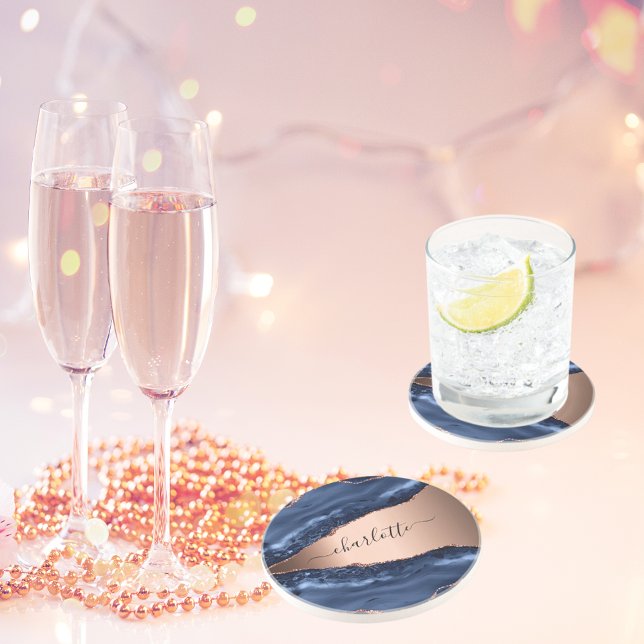 Dessous De Verre En Grès Marbre agate bleue rose nom script  (Créateur téléchargé)