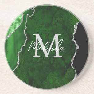 Dessous De Verre En Grès Marbre Agate Vert et Argent