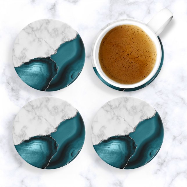 Dessous De Verre En Grès Marbre blanc agate bleu sarcelle paillettes argent (Créateur téléchargé)