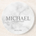 Dessous De Verre En Grès Marbre blanc Classé Salons Personnalisés<br><div class="desc">Dessous de verre moderne de Bridesmaids personnalisées avec nom de marionnettiste personnalisé avec titre et date mariage dans le style de police serif classique sur arrière - plan en marbre blanc. Aussi parfait pour Best Man,  Père de la Mariée et plus.</div>