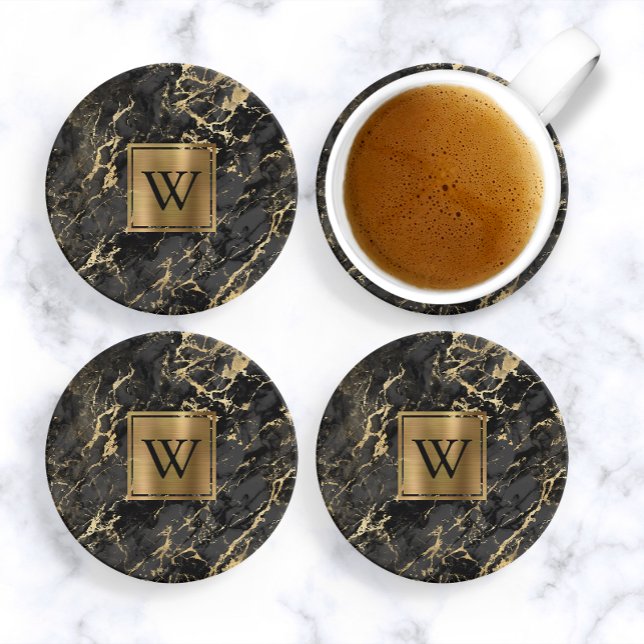 Dessous De Verre En Grès Marbre Faux Noir Monogramme Or (Créateur téléchargé)