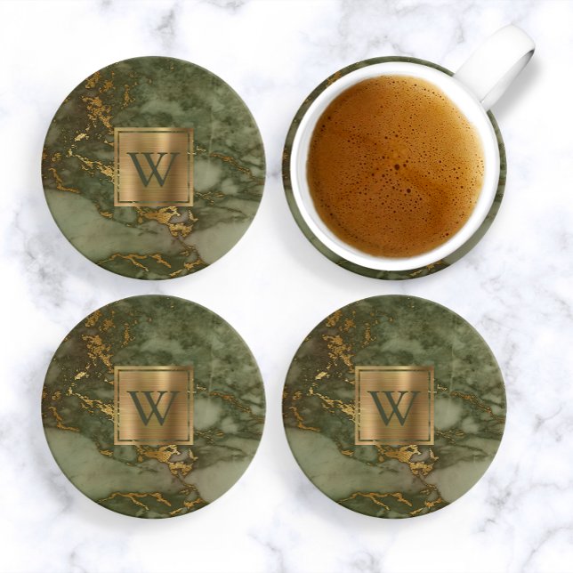 Dessous De Verre En Grès Marbre Faux Vert Olive Monogramme Or (Créateur téléchargé)