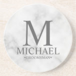 Dessous De Verre En Grès Marbre Monogramme personnalisé et nom Groomsman<br><div class="desc">Cadeaux de Groomsman Personnalisés modernes avec monogramme personnalisé,  nom et titre de marionnettiste dans le style de police serif classique sur arrière - plan en marbre blanc. Aussi parfait pour Best Man,  Père de la Mariée et plus.</div>