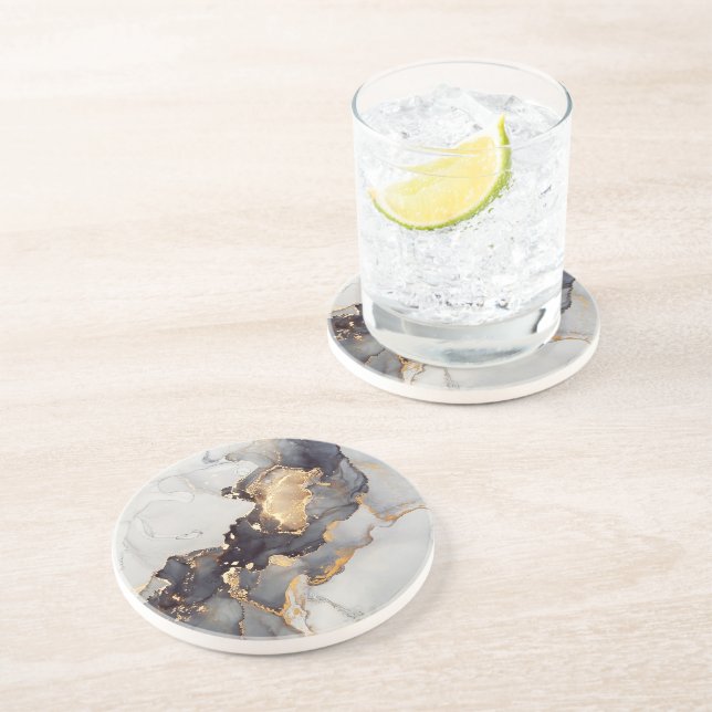 Dessous De Verre En Grès Marbre noir blanc or (Côté)