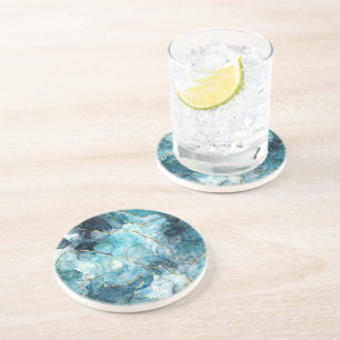 Dessous De Verre En Grès Marbre pailleté bleu et or