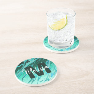 Dessous De Verre En Grès Marbre pailleté sarcelle personnalisé