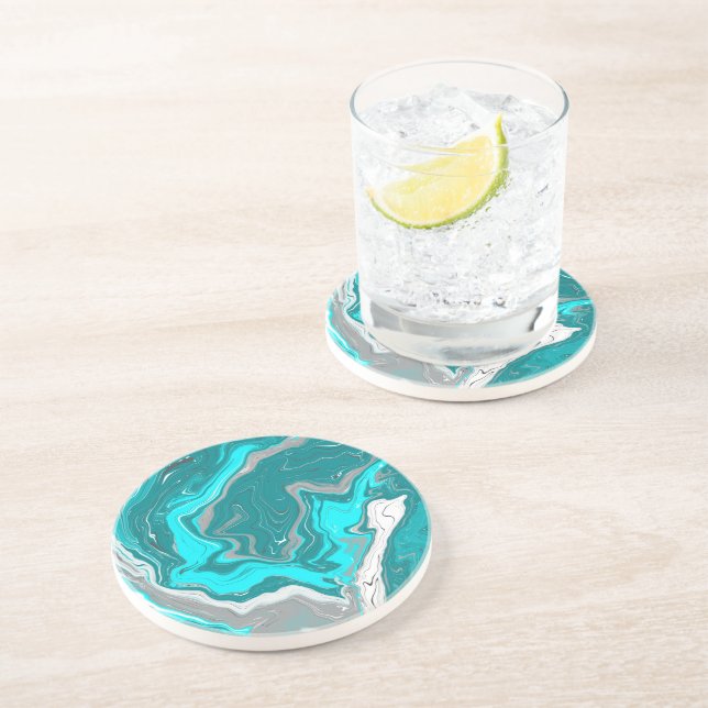 Dessous De Verre En Grès Marbre turquoise et Turquoise Fluid Art (Côté)