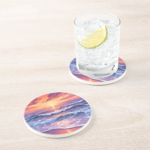 Dessous De Verre En Grès Marée violette   Couché de soleil violet Océan Vag