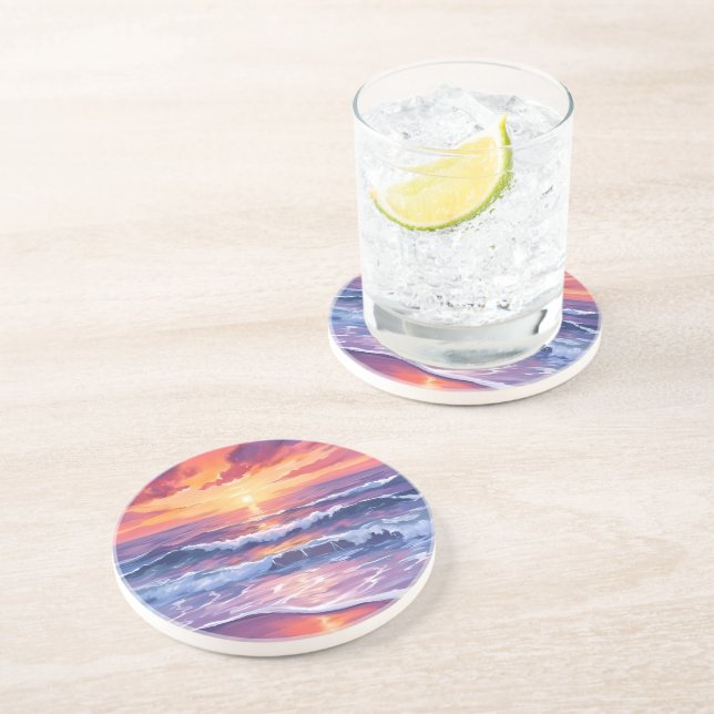 Dessous De Verre En Grès Marée violette | Couché de soleil violet Océan Vag (Côté)