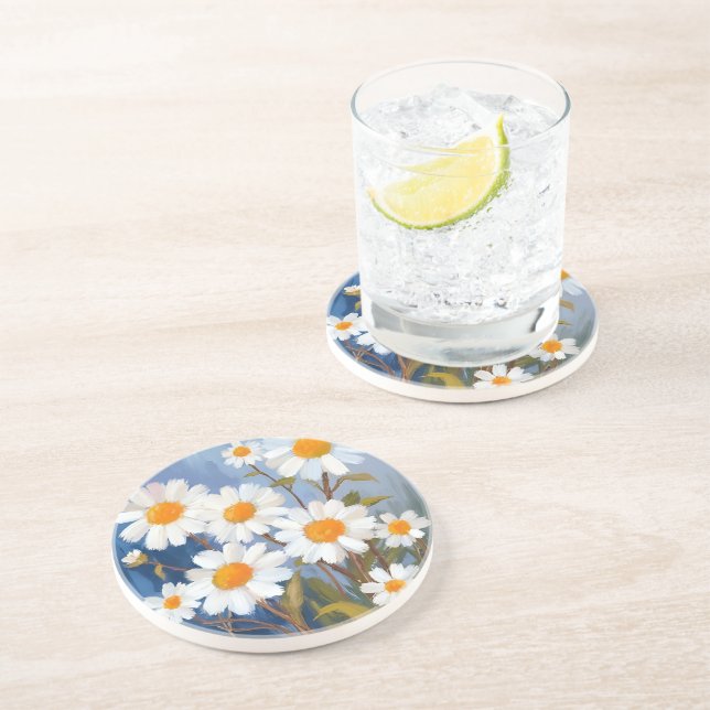 Dessous De Verre En Grès Marguerites blanches Fleurs à l'aquarelle Peintes (Côté)