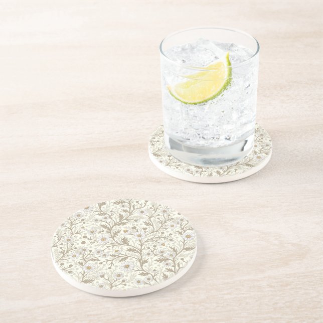 Dessous De Verre En Grès Marguerites en blanc et marron sur fond blanc cass (Côté)