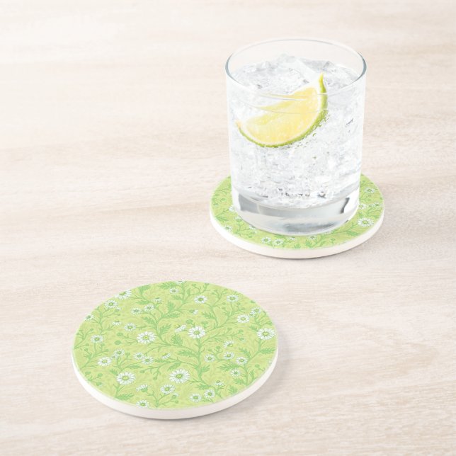 Dessous De Verre En Grès Marguerites en blanc et vert sur fond vert miel (Côté)